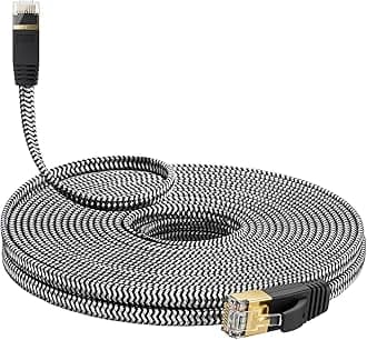 Ethernet Cable 50 ft - Flat High Speed Nylon Braided Shielded Cat 7 Internet Network Cord, 10Gbps 600MHz RJ45 LAN Patch Cable for Router, Modem, Gaming Console, PC, Switch - Cat6 Compatible