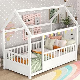 Kids Montessori Bed Twin Size, Twin Floor Bed with High Fence, House Beds for Kids, Girls, Boys, Wood Montessori Floor Beds Without Slats(White Twin)