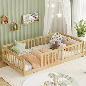 Twin Floor Bed with Safety Guardrails for Kids, Rubber Wood Montessori Bed with Slats, Twin Size Bed Frame for Girls and Boys,No Box Spring Needed,Natural