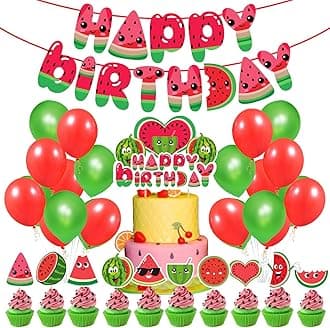Watermelon Birthday Party Decorations Set,Watermelon Happy Birthday Paper Banner Cake Cupcake Toppers Balloons for Fruit Summer Themed 1st Birthday Baby Shower Supplies - Pack of 37