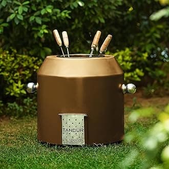 by Speedx- Charcoal Tandur with 4 Skewers | Home Cooking Tandoor Crafted with a Blend of Clay & Metal, (20x20x20) Inches, Cylindrical (Matt Gold)