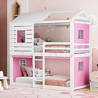 Harper & Bright Designs Twin House Bunk Bed with Tent, Kids Twin Loft Bed with Ladders,Guardrail, Windows & Roof, Wood Twin Over Twin Bunk Bed for Kids Teens Boys & Girls,Pink