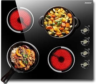 Electric Cooktop 24 Inch - 4 Burner Drop-in(22.05"x19.3") Radiant Electric Cooktop 6000W Knob Control, 220V Electrical Ceramic Stove Top, 9 Heating Levels, Residual Heat Indication (No Plug)