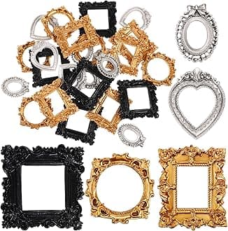 Vicenpal 25 Pcs Vintage Mini Picture Frames Baroque Antique Small Resin Jewelry Display Table Frame for Christmas DIY Photo Holiday Party Decoration (Black,Gold,Silver)