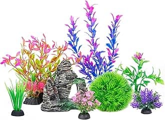 Ameliade Aquarium Artificial Plastic Plants Decorations and Rock Cave Decor Set Goldfish Betta Fish Tank Accessories Small Large Fish Bowl Ornaments