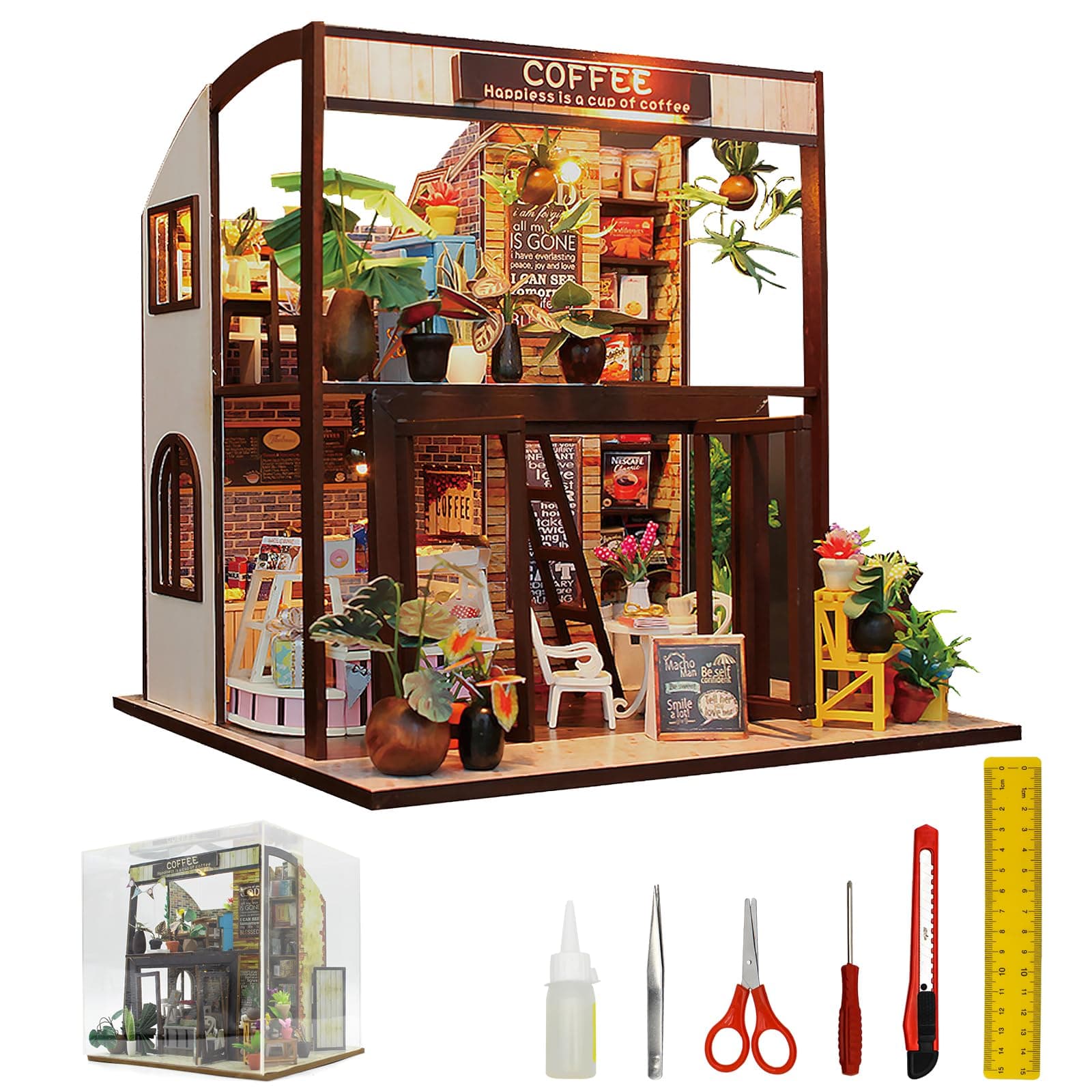 Mostop DIY Miniature House Kit, Tiny Model House Kit with Light and Dust Proof, Miniature Coffee Shop Building Kit Wooden DIY Mini Model House Kit for Adults to Build,Coffee Shop DIY Crafts Gift