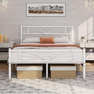 costoffs 4ft6 Metal Double Platform Bed Frame Solid Bedstead Base with Cloud-inspired Design Headboard and Footboard, Under-bed Storage Space, Fits for Adults/Teenager White