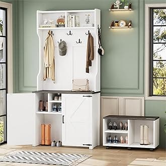 Merax 4-in-1 Farmhouse Wood Hall Tree with Movable Bench & Storage Cabinet, 76.9" H Coat Rack with 7 Hooks & 6 Brake Wheels for Entryway, Hallway White