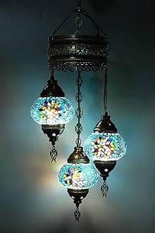 Asylove Turkish Ceiling Lamp, Mosaic Pendant Lamp Turkish Chandeliers 3 Globe Moroccan Ceiling Lighting Art Deco Brillant Fixture, 5 inc Globe - Total Dimensions 14x14x35 inch (Turquoise)