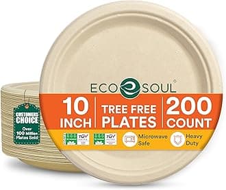 ECO SOUL Paper Plates (25Cm) 10" [200-Pack] Heavy Duty Compostable Sugarcane Bagasse Dinner Plates | Eco Friendly Biodegradable Disposable Plate for Dinner, Parties & Events