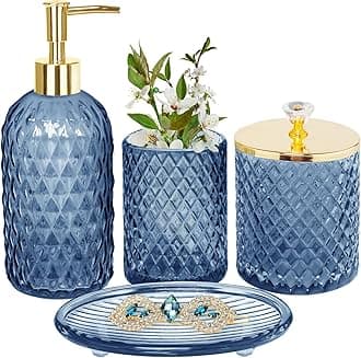 Blue Bathroom Accessories Set, 4Pcs Glass Bathroom Accessory Set Complete w/Lotion Soap Dispenser, Toothbrush Holder, Qtip Holder, Soap Dish, Gold Bathroom Decor Sets, Gift for Home Apartment