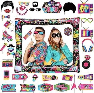 80s Retro Party Inflatable Photo Booth with 40Pcs Photo Booth Props Selfie Picture Frame for 1980s Disco Party,Kids Party Game Accessories,Giant Props Frame Celebration Blow Up PartyProps