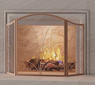Kingson 3-Panel Arched Childproof Fireplace Screen Decorative, Handcrafted Scroll Wrought Iron Fireplace Spark Guard Cover