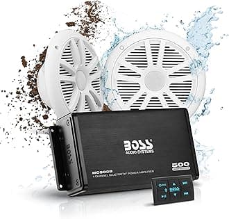 BOSS AUDIO ASK902B.6 Marine Package Includes 500 Watt Max 4-channel Bluetooth Amplifier, One Pair 6.5 inch MR6W Marine Speakers, Universal USB cable and Phone Pouch