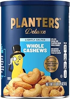 Planters Deluxe Lightly Salted Whole Cashews, 18.25oz. Resealable Canister - Lightly Salted Cashews & Lightly Salted Nuts - Nutrient Dense Snacks for Adults & Kids - Vegan Snacks, Kosher