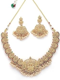 South Indian Traditional Stylish Gold Plated with Beaded Studded Choker Necklace with Dangle Earring Jewellery Set for Women & Girls