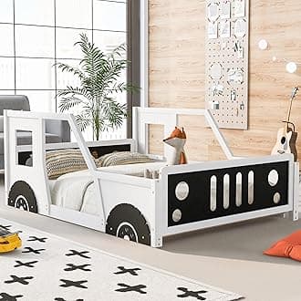 Full Size Car-Shaped Kids Bed with Headboard & Footboard and 4 Side Rails, Race Car Montessori Bed for Boys & Girls, White
