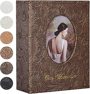 RECUTMS Photo Album 6x4 Slip in Photo Book with DIY Oval Front Window Retro Leather Cover Picture Album Holds 100 Vertical Photos for Wedding Memory Book （Antique Bronze Brown）
