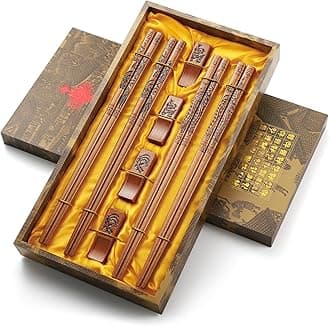 Chopsticks, Chinese Dragon and Phoenix Chopstick with Holder, Chopsticks Reusable Dishwasher Safe, Chop Sticks Gift Sets (4 Pairs)