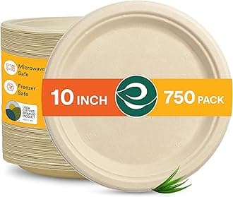 ECO SOUL 100% Compostable 10 Inch Paper Plates [750-Pack] Disposable Party Plates I Heavy Duty Eco-Friendly Dinner Plates Disposable I Biodegradable Unbleached Sugarcane Eco Plates