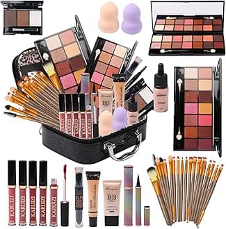 All in One Makeup Kit for Makeup storage bag 2X14 Colors Eyeshadow Palette Liquid Foundation Eyeliner Pencils Contouring Stick Lip Gloss Eyebrow Pencils 20Pcs Makeup Brushes etc For Women