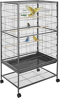 tectake® Large Bird Cage on Wheels with 2 Sliding Doors & Built-In Sand Tray, Incl. Feeding Station, Water Dispenser & 3 Perches, Ideal as Cockatiel & Parrot Cage - 78 x 52 x 131 cm