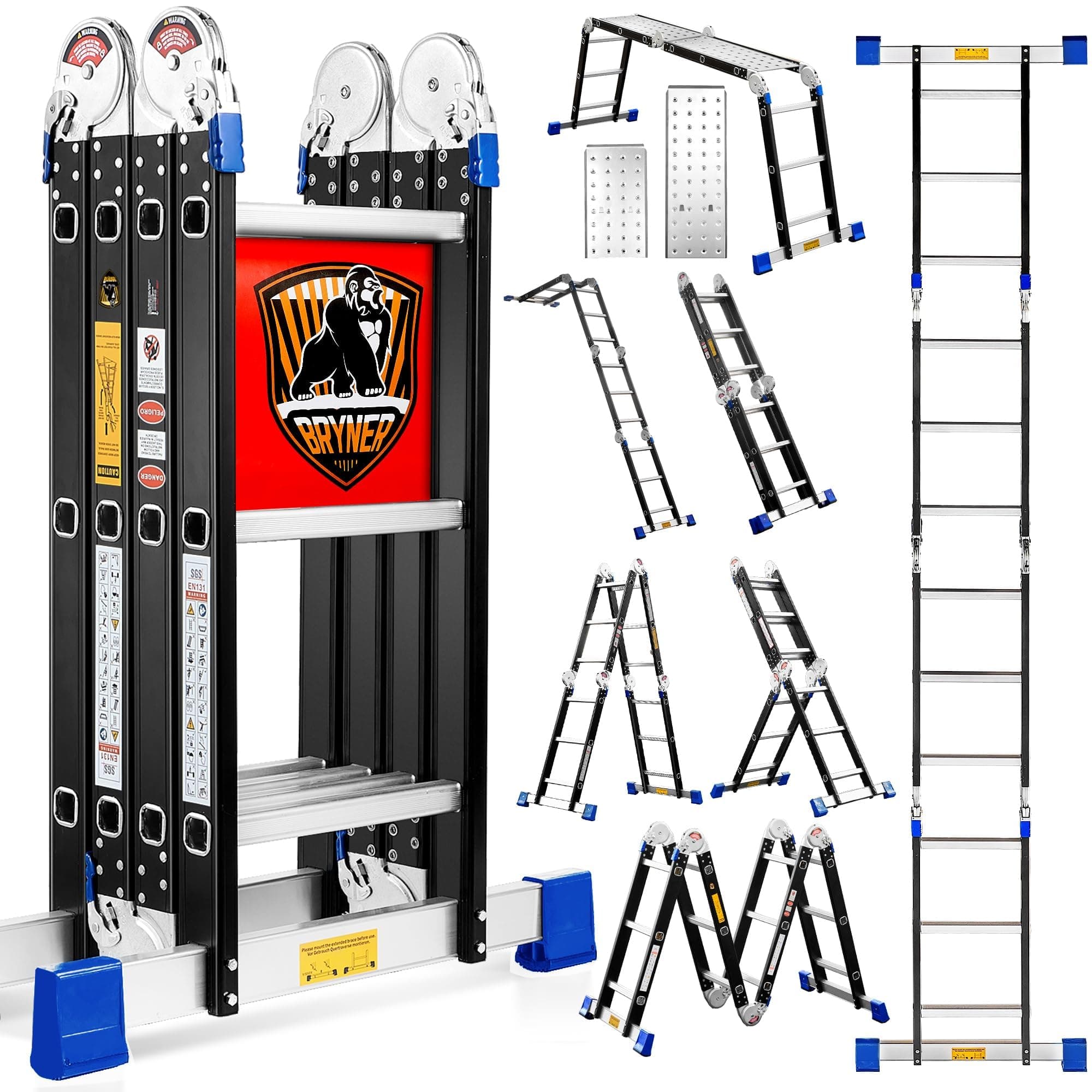 Step Ladder, Bryner 12Ft Multi-Purpose Aluminium Folding Extension Ladders, 7 in 1 Folding Adjustable Telescoping Step Ladder 330lbs