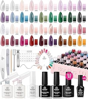Beetles Jelly Gel Nail Polish Set, 53PCS 36 Colors Jelly Pink Milky White Red Black Blue Green Silver Cat Eye Base Glitter Glossy Matte Top Coat Crystal Ice Collection French Nails Gift for Women
