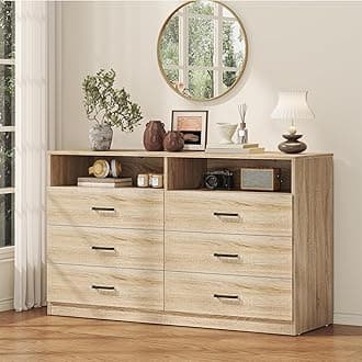 Bigbiglife 6 Drawers Dresser for Bedroom Wooden Drawer with Open Storage Cubby, Double Wide Dresser Organizer for Bedroom, Living Room, Entryway, Hallway (Light Oak)