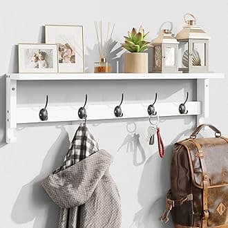 Coat Rack Wall Mount with Shelf, 28.9 Inches Coat Hooks Wall Mounted with 5 Hooks, Hat Wall Hooks for Hanging in Entryway, Living Room, Bathroom, Bedroom (White, 28.9 * 4.5 inches)