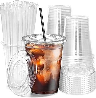 Fit Meal Prep 100 Pack 16 oz Plastic Iced Coffee Cups with Flat Lids and Black Straws, Disposable Clear Cup, BPA Free Cup for Party, Smoothie, Cold Drinks, Juice, Milkshake, Bubble Boba, Tea