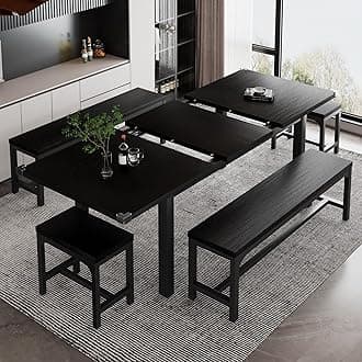 iPormis 5-Piece Dining Table Set for 4-8 People, Extendable Kitchen Table Set with 2 Benches and 2 Square Stools, Mid-Century Dining Room Table with Metal Frame & MDF Board, Saving Space, Black