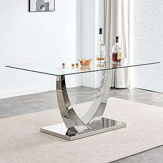 Modern Glass Dining Table for 4 6 8 with Rectangular Tempered Glass Tabletop and Silver Chrome Metal U-Shaped Pedstal for Kitchen Dining Living Meeting Room Banquet Hall (Silver6)
