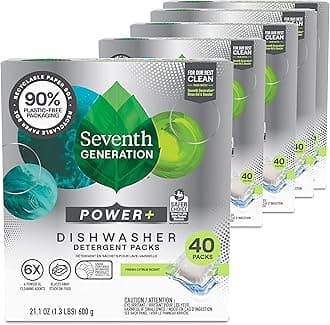 Seventh Generation Power Plus Dishwasher Detergent Packs Fresh Citrus scent Pack of 5 for sparkling dishes Dishwasher tabs 40 count