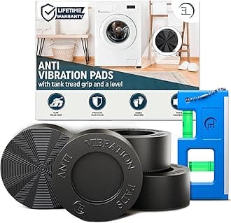 Anti Vibration Pads for Washing Machine with Tank Tread Grip | 4 Pack + Level | Fits Most Round Feet up to 1.75” | Stops Washer Dryer from Moving | Rubber Antivibration Stabilizer for Leveling Washer