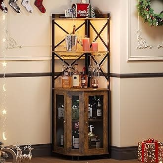 JKsmart Corner Bar Cabinet With LED Lights, 5-Tier Industrial Wine Cabinet With Glass Holder, Farmhouse Liquor Cabinet With Shelf and Door, Home Bar for Coffee, Rustic Brown
