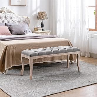 French Upholstered Tufted Entryway Bench, Mid-Century Vintage Linen Fabric Ottoman Bedroom Bench with Button Upholstered Seat and Rubberwood Curved Legs for Bedroom and Living Room, Grey