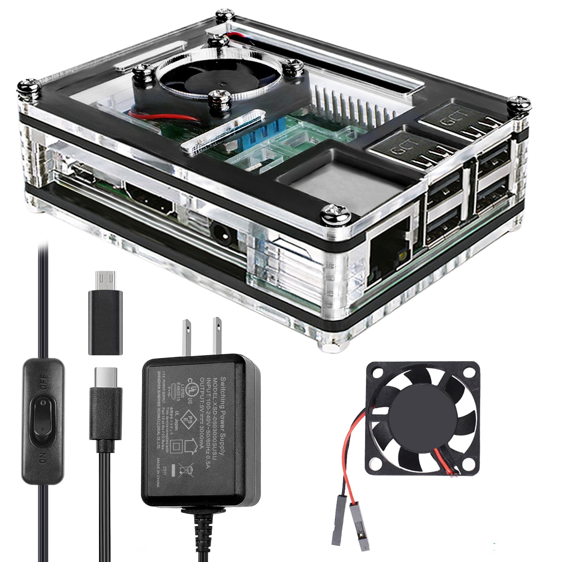 Miuzei Raspberry Pi 3 B+ Case with Fan Cooling and 3× Heat-Sinks, 5V 2.5A Power Supply with On/Off Switch Cable for RPi 3 B+, 3B, 2b