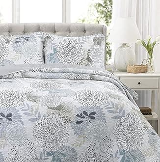 Nina Trista Flowers Aqua Blue Tape Grey Floral Print 100% Cotton Reversible Quilt Bedding Set, Bedspread Coverlet (Aqua Blue, Twin - 2 Piece)