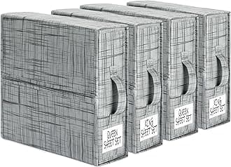SUOCO SheetCube 4 Pack Bed Sheet Organizers and Storage, Foldable Bedding Storage Box Container with Window and Label, Linen Closet Organizer Folder for Blanket, Duvet Cover Set, Bed Sheet Set - Grey