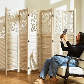 Room Divider Wood Carved Wall Divider Indoor Folding Portable Partition Screen for Home Office Garden Terrace - 6 Panel, 67 * 90inch (White)