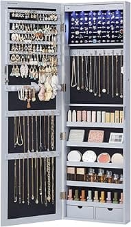 SONGMICS 6 LEDs Mirror Jewelry Cabinet, 47.2-Inch Tall Lockable Wall or Door Mounted Jewelry Armoire Organizer with Mirror, 2 Drawers, 3.9 x 14.6 x 47.2 Inches, Gray UJJC93GY