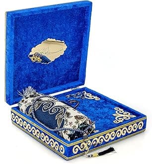Luxury Islamic Prayer Velvet Covered Gift Box, Deluxe 4 Piece Set with Elegant Velvet Covered Quran & Prayer Beads Tesbih & Prayer Rug, Ramadan & Eid Gift, Navy Blue