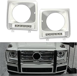 Kojem Pair Headlight Bezels w/LED DRL Compatible with 1990-2018 Mercedes Benz G-Class W463 G500 G63 G55 AMG Headlamp Bezel Front Light Lamp Cover Bezel Trim Silvery