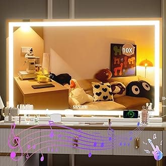 Hasipu Vanity Mirror with Lights and Bluetooth Speaker, 47" x 30" LED Makeup Mirror, Lighted Makeup Mirror with Dimmable 3 Modes, Touch Screen Control Vanity Mirror Square White