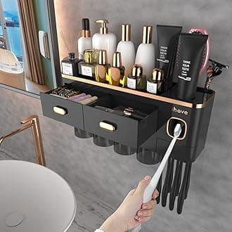 iHave Toothbrush Holders Wall Mounted with Toothpaste Dispenser & 4 Cups - Luxury Black and Gold Design for Bathroom Decor, All-in-One Bathroom Organizers & Storage for Toothbrushes and Accessories
