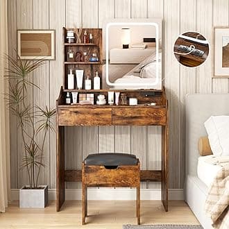 Vabches Vanity Desk with LED Light Mirror and Charging Station 30.3in, Small Vanity Set with 4 Storage Shelves 2 Drawers, Vanity for Girls Women with Storage Stool, Vanity Table for Bedroom (Brown)