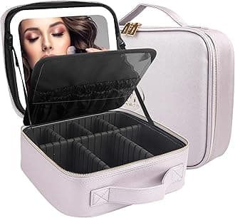 MOMIRA Travel Cosmetic Train Case with Lighted Mirror 3 Color Scenarios Cosmetic Bag Organizer with Adjustable Dividers Makeup Storage for Women, Makeup Accessories & Tools Case Violet Grey