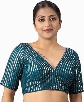 Women's Sequin Embroidered V Neck Elbow Half Sleeve Readymade Saree Blouse Indian Ethnic Designer Stitched Plus Size Top Padded Lavender Pink Blue Silver Black Gold Red Green | E1