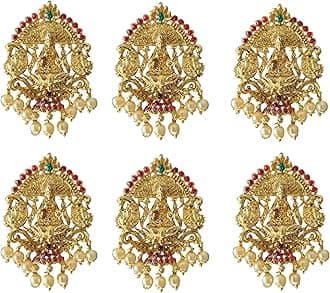 Gold Plated Antique Hair Jewelery Choti Jadai Billai,Hair Brooch With Hook Temple Jadai Wedding Bridal Jewellery (6 Pcs) (Design 02)